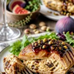 Gefülltes Hähnchen mit Feigen, Ziegenkäse und Pistazien auf einem Teller