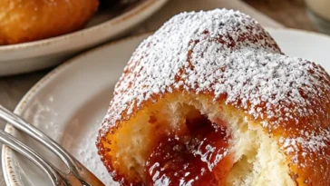 Französische Beignets mit Vanille auf einem Teller serviert.