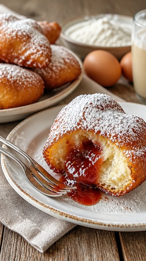 Französische Beignets mit Vanille auf einem Teller serviert.