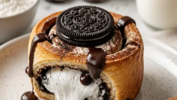 French Toast Rolls mit Marshmallow-Creme und Oreo-Stücken auf einem Teller