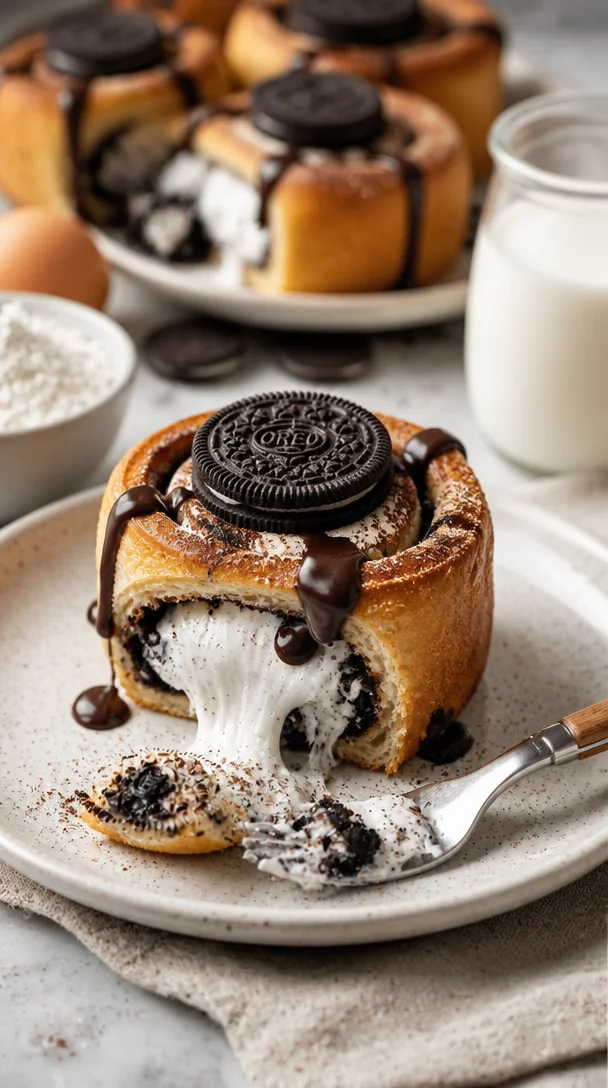 French Toast Rolls mit Marshmallow-Creme und Oreo-Stücken auf einem Teller