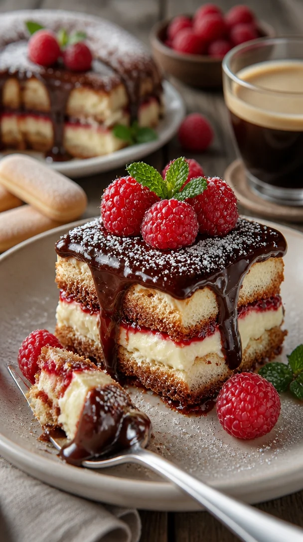 Frisches Himbeer-Tiramisu mit saftigen Himbeeren und cremiger Mascarpone