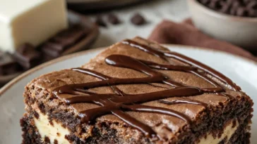 Frischkäse-Brownies auf einem Teller mit Schokoladenglasur