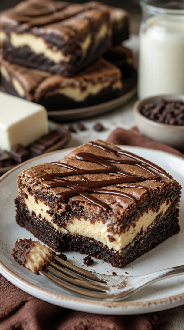 Frischkäse-Brownies auf einem Teller mit Schokoladenglasur