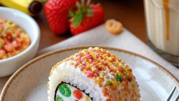 Fruchtige Kieselstein-Sushi mit frischen Zutaten auf einem Teller