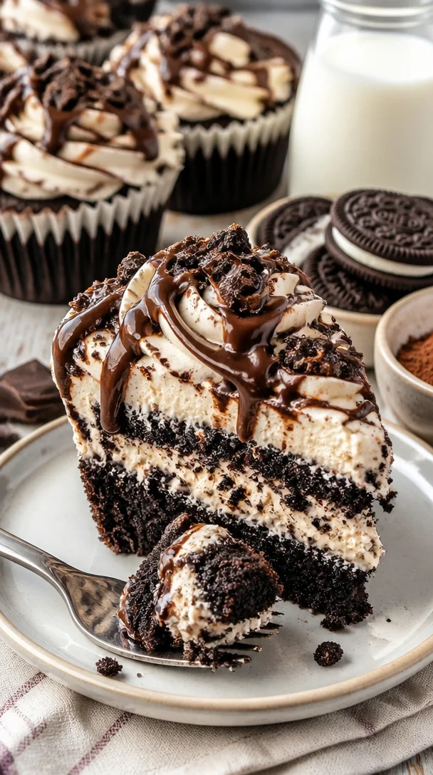 Fudgeswirled Oreo-Boden Cheesecake Cupcakes auf einem Tisch präsentiert