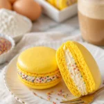 Bunte Funfetti-Macarons auf einem Teller, perfekt für Feiern