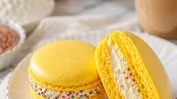 Bunte Funfetti-Macarons auf einem Teller, perfekt für Feiern