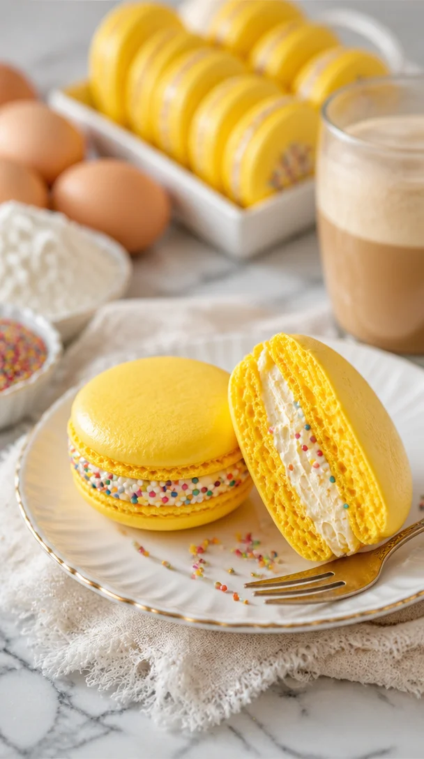 Bunte Funfetti-Macarons auf einem Teller, perfekt für Feiern