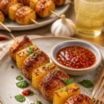 Gegrillte Hähnchen-Ananas-Spieße mit Honig-Chili-Glasur auf dem Grill.