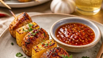 Gegrillte Hähnchen-Ananas-Spieße mit Honig-Chili-Glasur auf dem Grill.