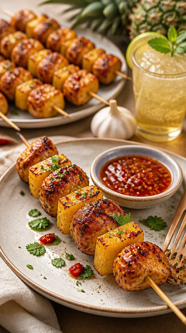 Gegrillte Hähnchen-Ananas-Spieße mit Honig-Chili-Glasur auf dem Grill.
