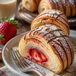 Goldene Wirbelpastry gefüllt mit Erdbeer-Marmelade auf einem Teller
