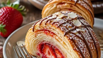 Goldene Wirbelpastry gefüllt mit Erdbeer-Marmelade auf einem Teller