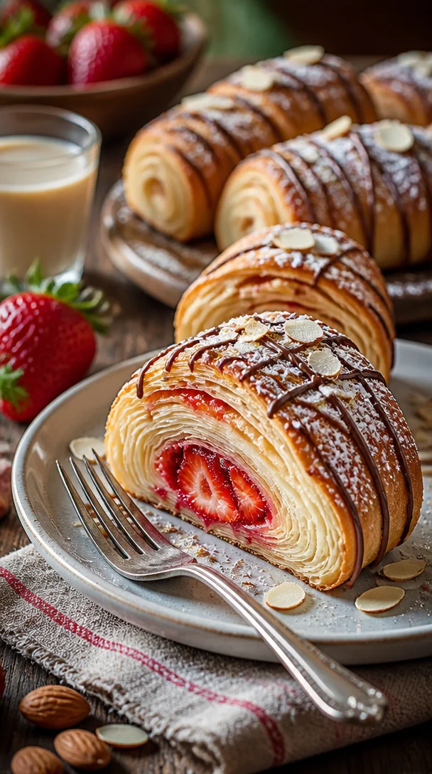 Goldene Wirbelpastry gefüllt mit Erdbeer-Marmelade auf einem Teller