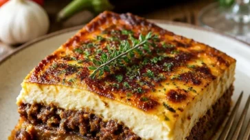 Deliziöse griechische Moussaka mit Auberginen und Hackfleisch