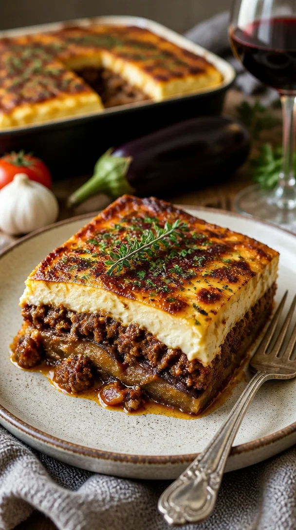 Deliziöse griechische Moussaka mit Auberginen und Hackfleisch