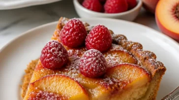 Hausgemachter Pfirsichkuchen mit frischen Pfirsichen und einem goldenen Boden