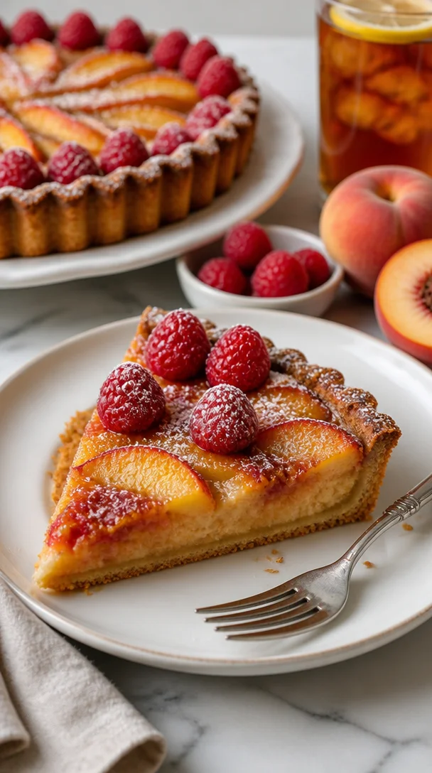 Hausgemachter Pfirsichkuchen mit frischen Pfirsichen und einem goldenen Boden