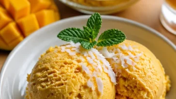 Hausgemachtes Mango-Kokos-Eis in einer Schale mit tropischen Früchten