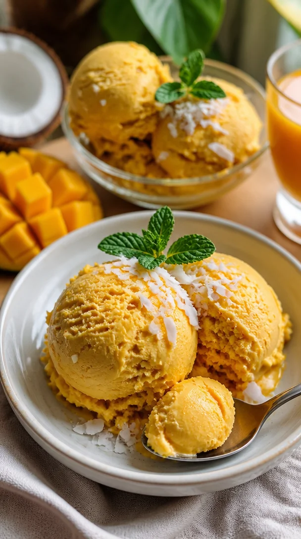 Hausgemachtes Mango-Kokos-Eis in einer Schale mit tropischen Früchten