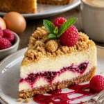 Himbeer Käsekuchen mit Streuseln auf einem Teller serviert