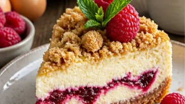 Himbeer Käsekuchen mit Streuseln auf einem Teller serviert
