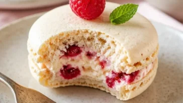 Himbeer-Macarons auf einem eleganten Teller, dekoriert mit frischen Himbeeren.