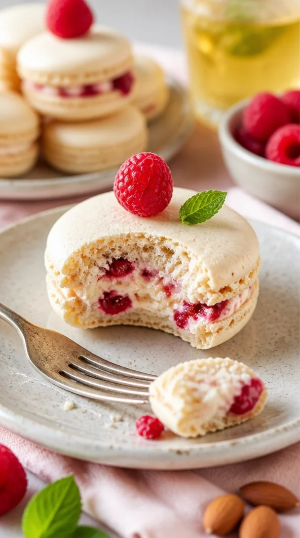 Himbeer-Macarons auf einem eleganten Teller, dekoriert mit frischen Himbeeren.