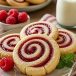 Himbeer-Schnecken-Shortbread-Kekse auf einem Teller, frisch gebacken.