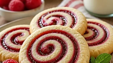 Himbeer-Schnecken-Shortbread-Kekse auf einem Teller, frisch gebacken.