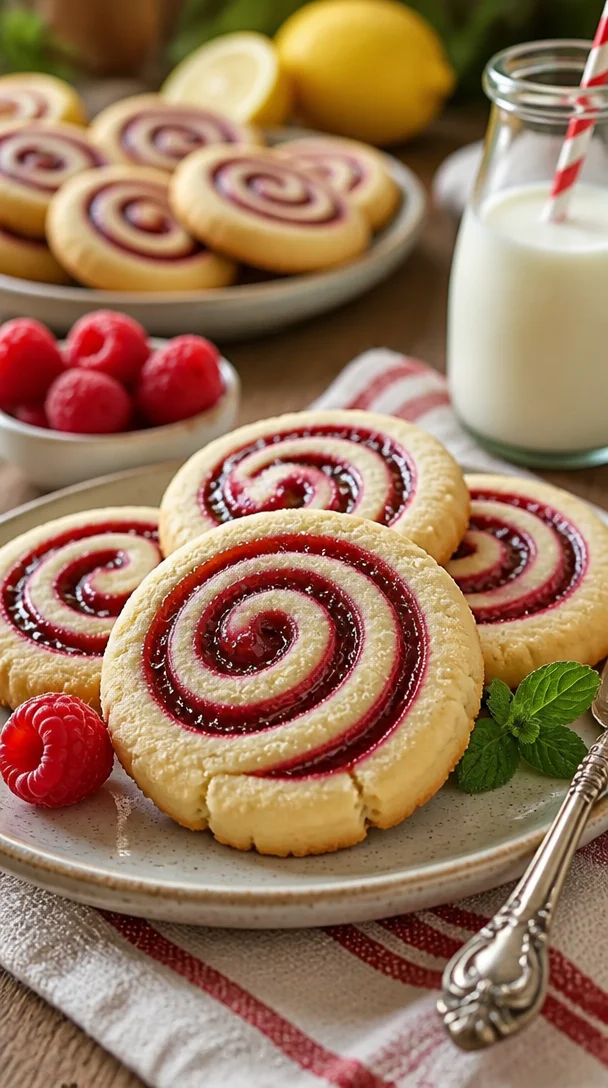 Himbeer-Schnecken-Shortbread-Kekse auf einem Teller, frisch gebacken.