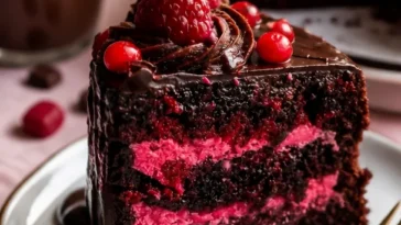 Himbeer-Schokoladen-Ganache-Kuchen mit frischen Himbeeren und Schokoladenglasur