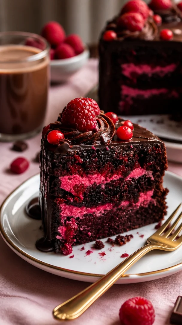 Himbeer-Schokoladen-Ganache-Kuchen mit frischen Himbeeren und Schokoladenglasur
