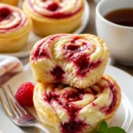 Himbeer Swirl Käsekuchen Bites auf einem Teller, dekoriert mit frischen Himbeeren.