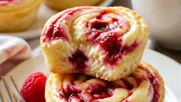 Himbeer Swirl Käsekuchen Bites auf einem Teller, dekoriert mit frischen Himbeeren.