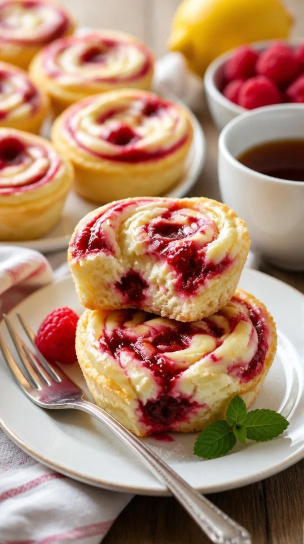 Himbeer Swirl Käsekuchen Bites auf einem Teller, dekoriert mit frischen Himbeeren.