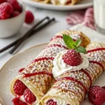 Leckere Himbeer-Vanille-Creme-Crêpes auf einem Teller serviert