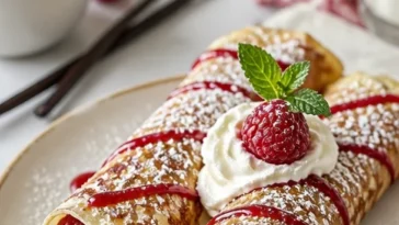 Leckere Himbeer-Vanille-Creme-Crêpes auf einem Teller serviert
