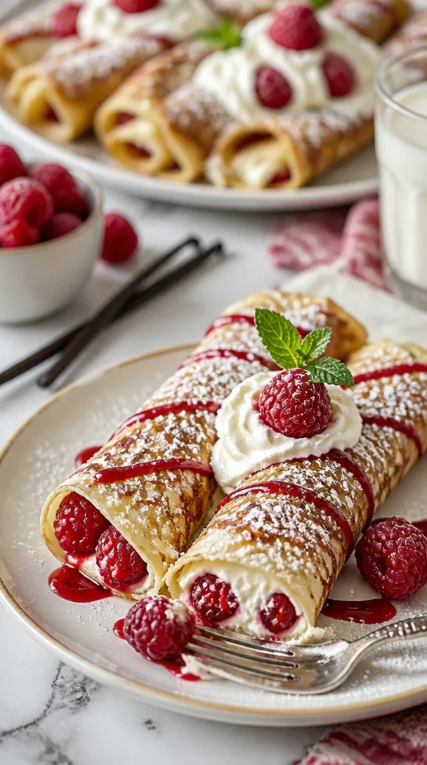 Leckere Himbeer-Vanille-Creme-Crêpes auf einem Teller serviert