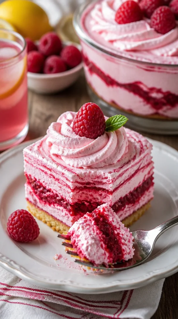 Himbeermousse mit frischen Himbeeren und Sahne in einem eleganten Dessertglas