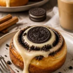 Oreo-Zimtrollen mit frischem Frischkäse-Topping auf einem Teller