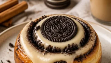 Oreo-Zimtrollen mit frischem Frischkäse-Topping auf einem Teller