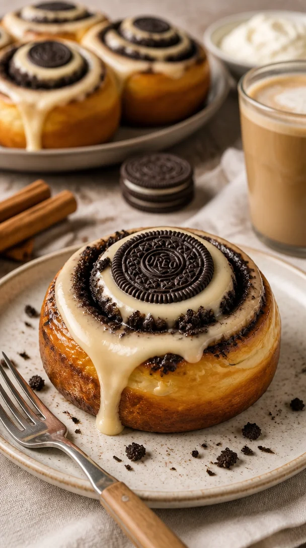 Oreo-Zimtrollen mit frischem Frischkäse-Topping auf einem Teller