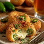 Jalapeño-Popper gefüllte Zwiebelringe auf einem Teller serviert.