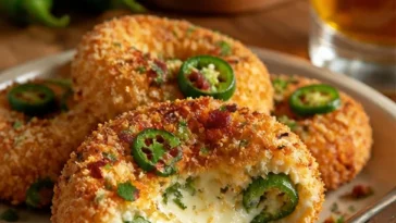 Jalapeño-Popper gefüllte Zwiebelringe auf einem Teller serviert.
