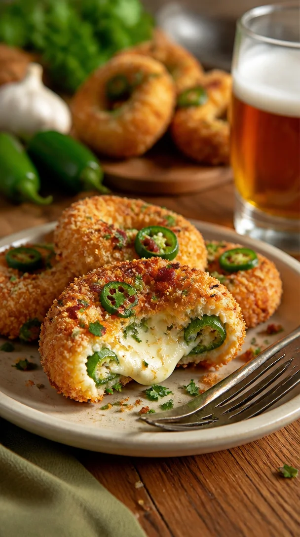 Jalapeño-Popper gefüllte Zwiebelringe auf einem Teller serviert.