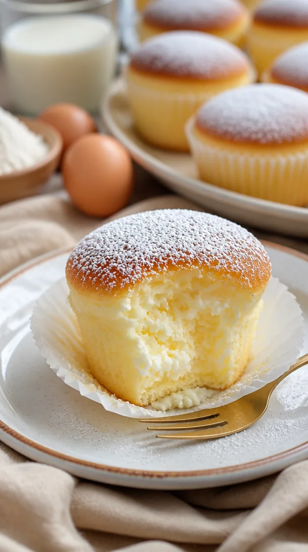 Japanische Baumwollkäsekuchen Cupcakes mit fluffiger Konsistenz und Dekoration