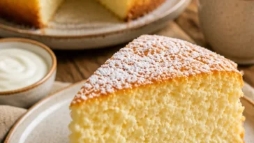 Joghurt-Wolkenkuchen auf einem Teller, dekoriert mit frischen Früchten