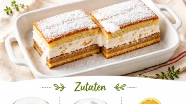 Leckere Kardinalschnitte auf einem Teller serviert, dekoriert mit Sahne und Früchten.